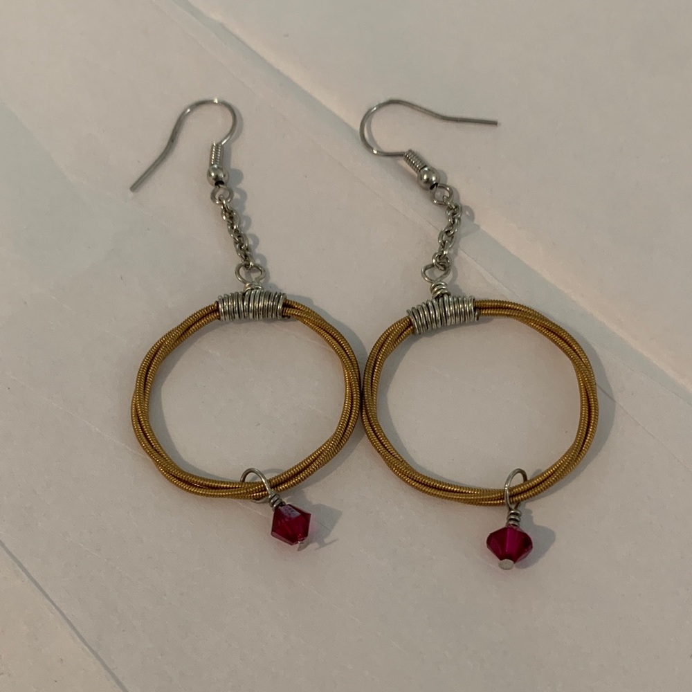 Guitar string  and Red faux Ruby stone dangle fishhook   Earrings handmade